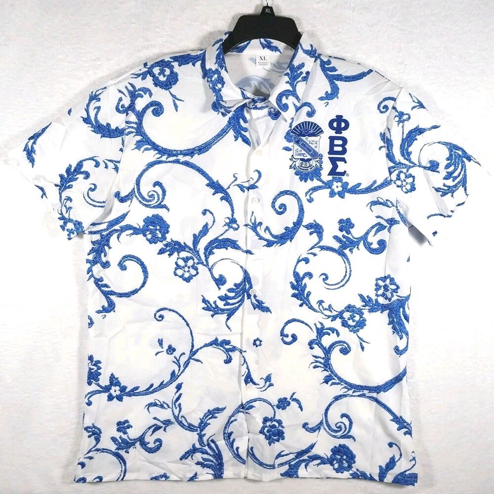Phi Beta Sigma Shirt Mens XL Blue White Baroque Floral Button Up #E96